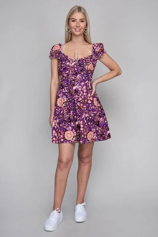 Adorable Impression Mini Purple Floral Puff Sleeve Dress