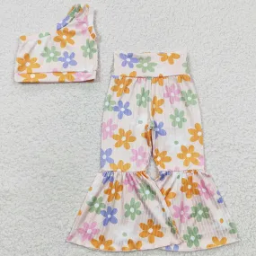 Baby Girls Clothes Colorful Flowers One Shoulder Top Bell Pants Outfits GSPO0525