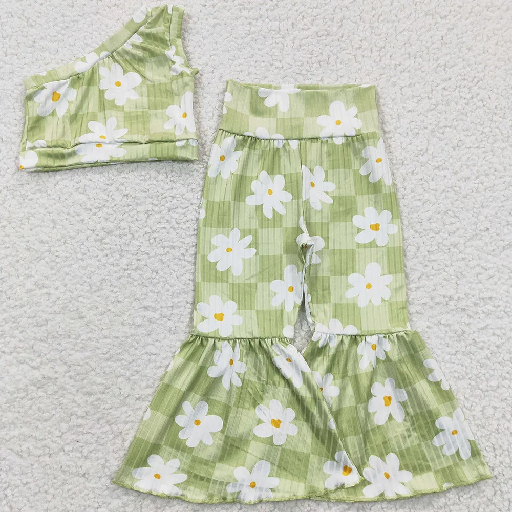 Baby Girls Clothes Green Flowers One Shoulder Top Bell Pants Outfits GSPO0524