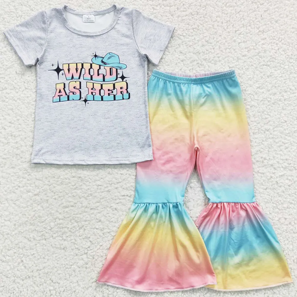 Baby Girls Clothes Wild As Her Tee Shirts Bell Tie Dye Bell Pants Sets GSPO0656