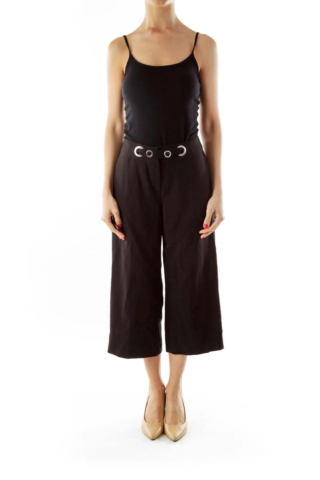 Black Cropped Belted Straight-Leg Pants