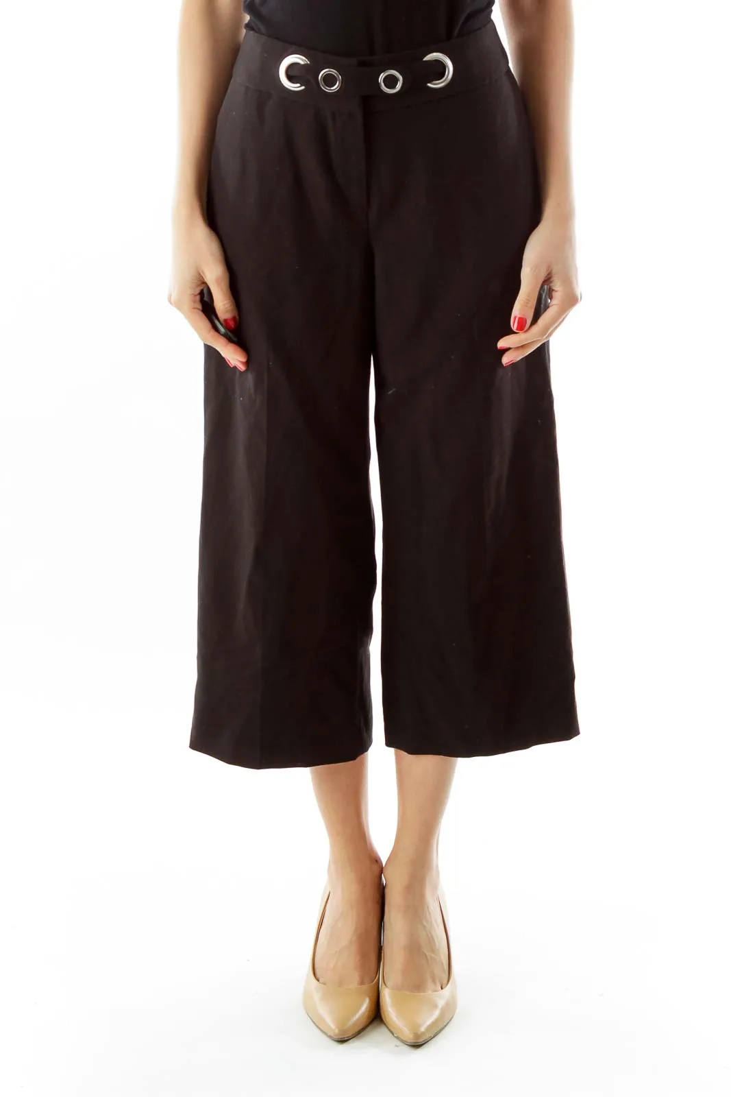 Black Cropped Belted Straight-Leg Pants