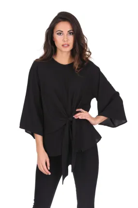 Black Tie Waist Flared Sleeve Top