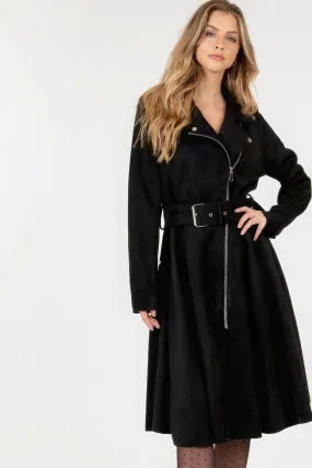 Black Waist Belt Tacked Faux Suede Coat Solid Coat