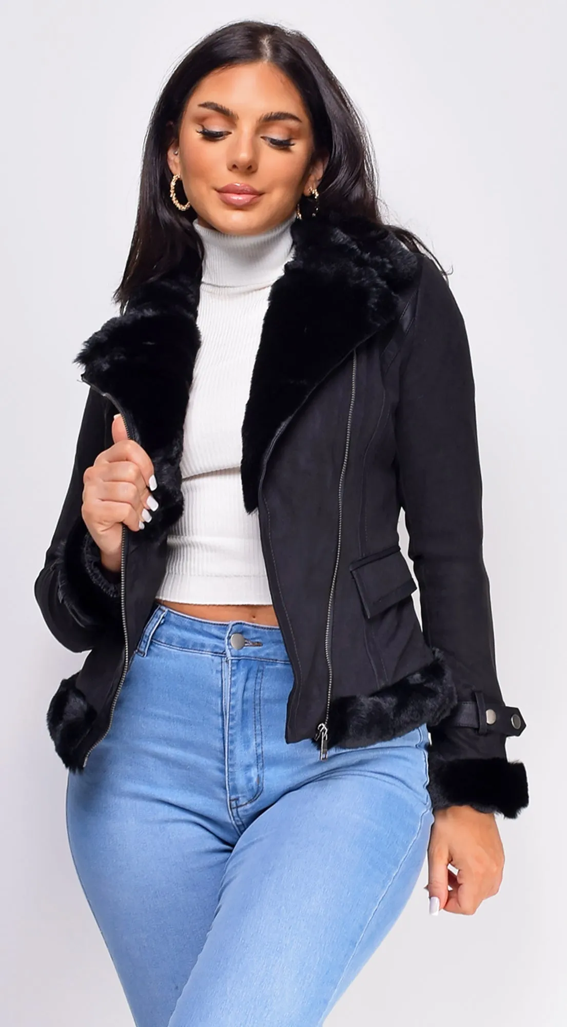 Blaer Black Suede Faux Fur Moto Jacket