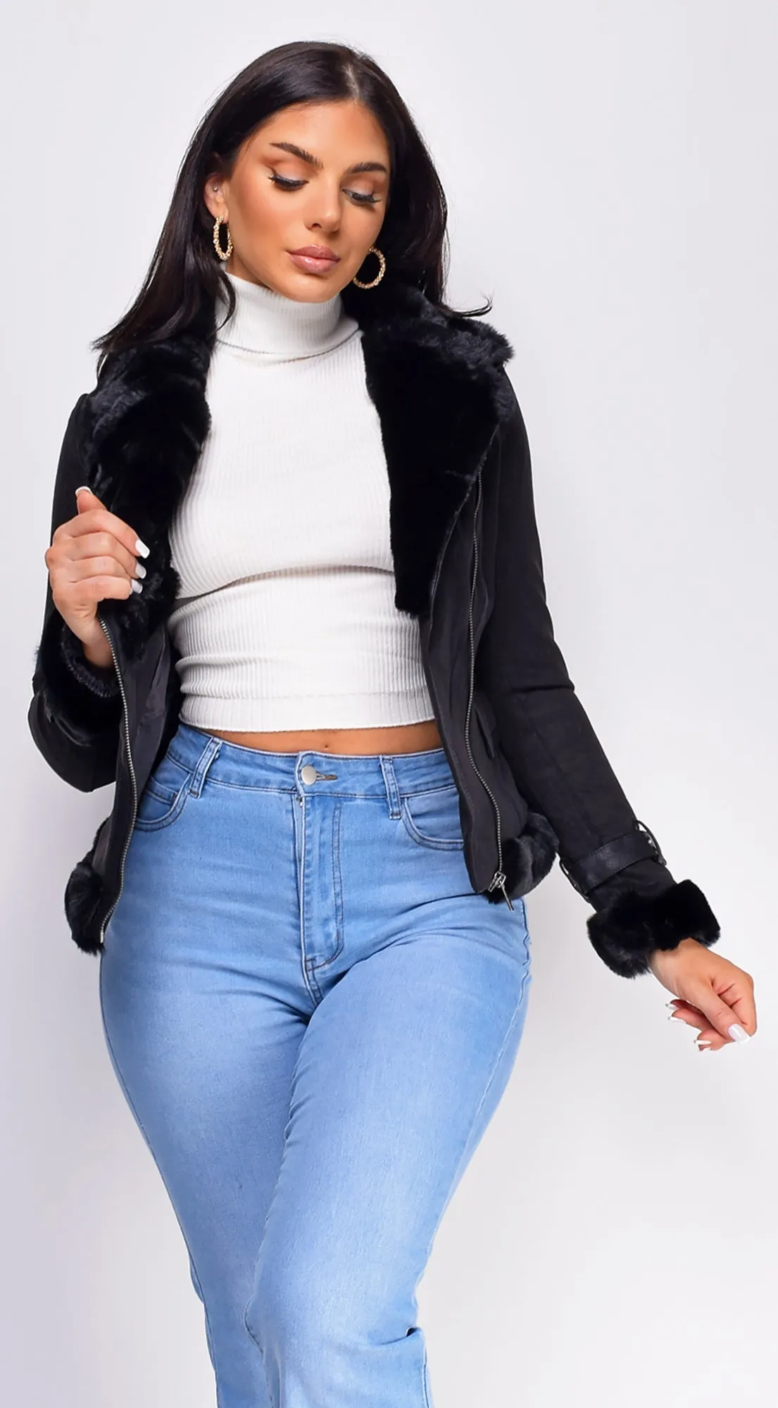 Blaer Black Suede Faux Fur Moto Jacket