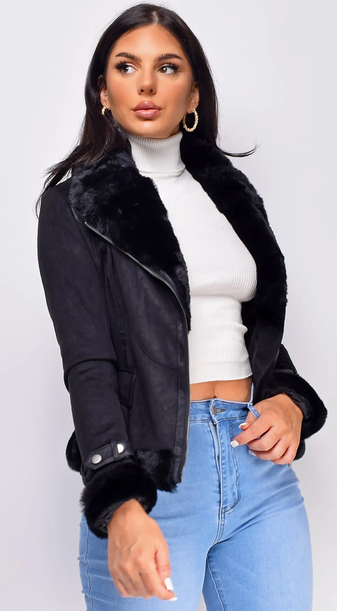 Blaer Black Suede Faux Fur Moto Jacket