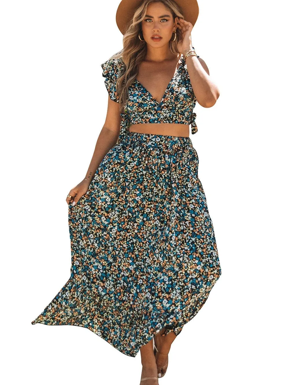 Bohemian Blossom Two-Piece Set with Ruffled Crop Top and Maxi Skirt