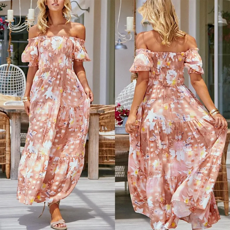 Boho Off Shoulder Printed Loose Beach Dress