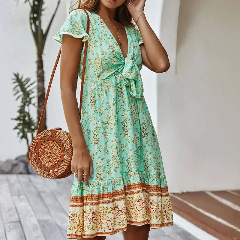 Boho Style V Neck Floral Short Dress