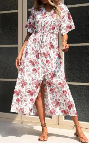 Button Down V Neck Maxi Dress In White Floral Print