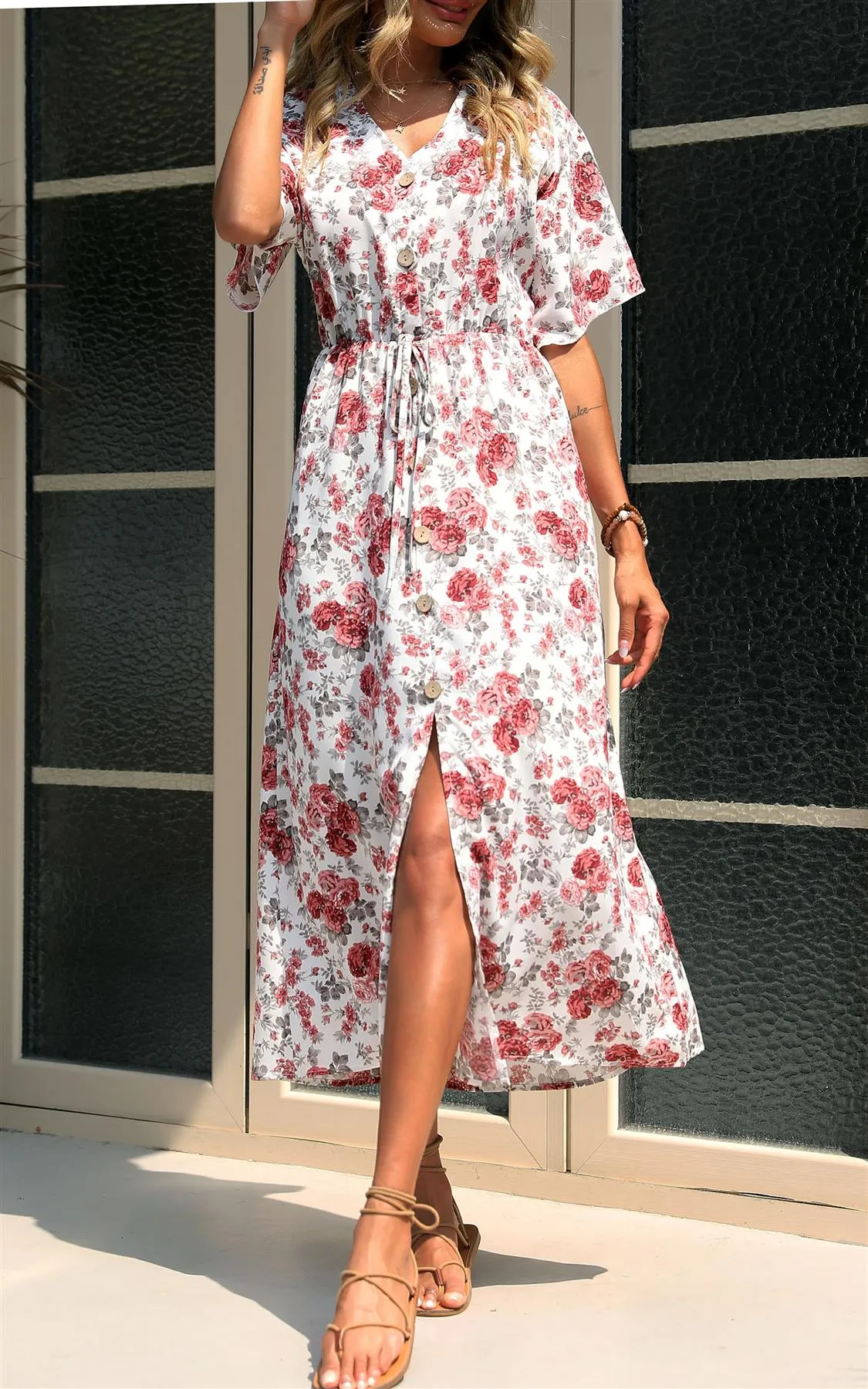 Button Down V Neck Maxi Dress In White Floral Print