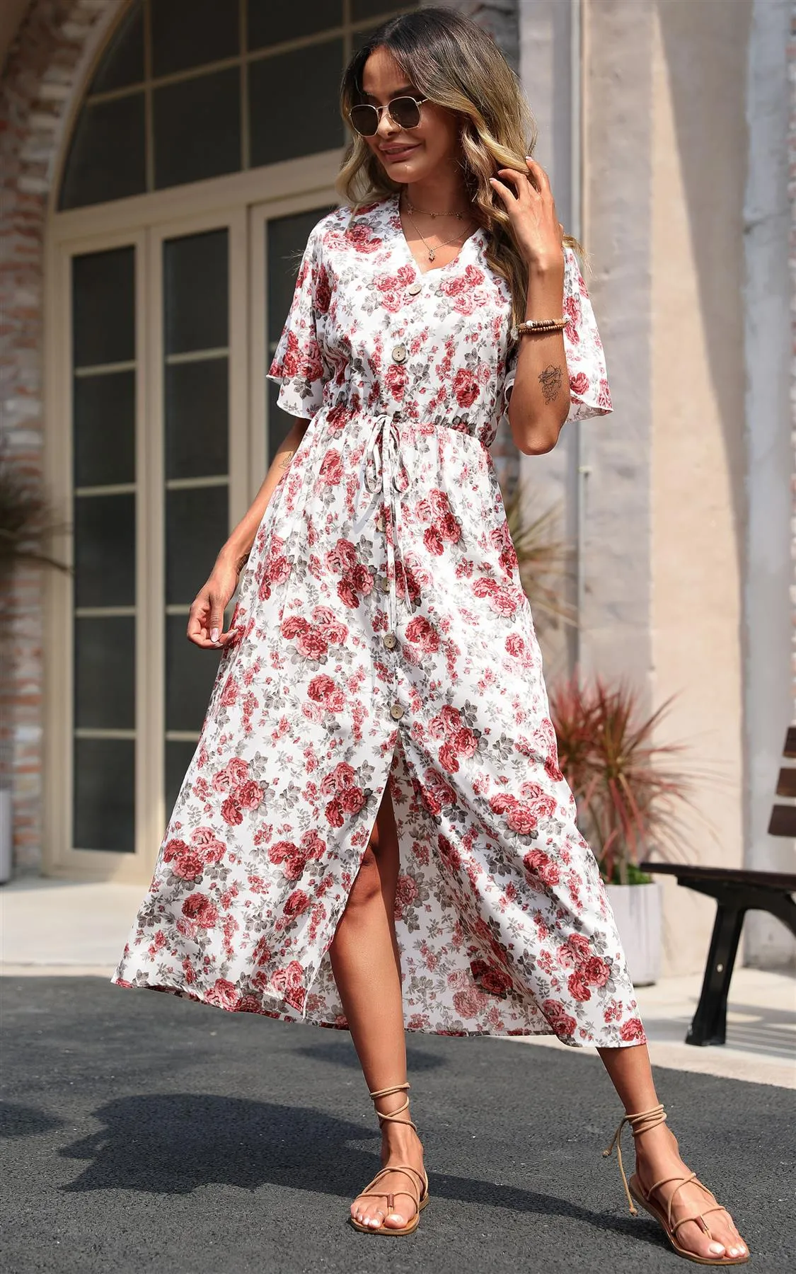 Button Down V Neck Maxi Dress In White Floral Print