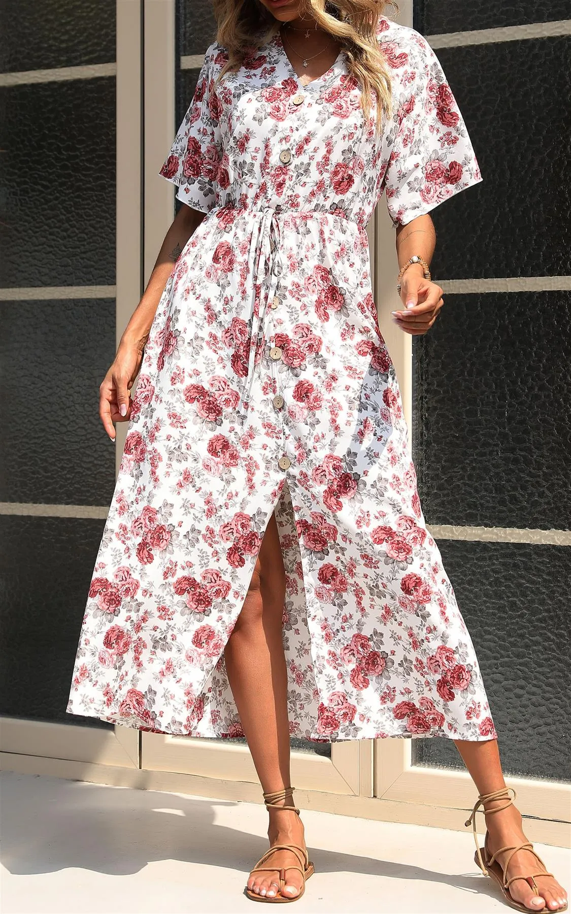 Button Down V Neck Maxi Dress In White Floral Print