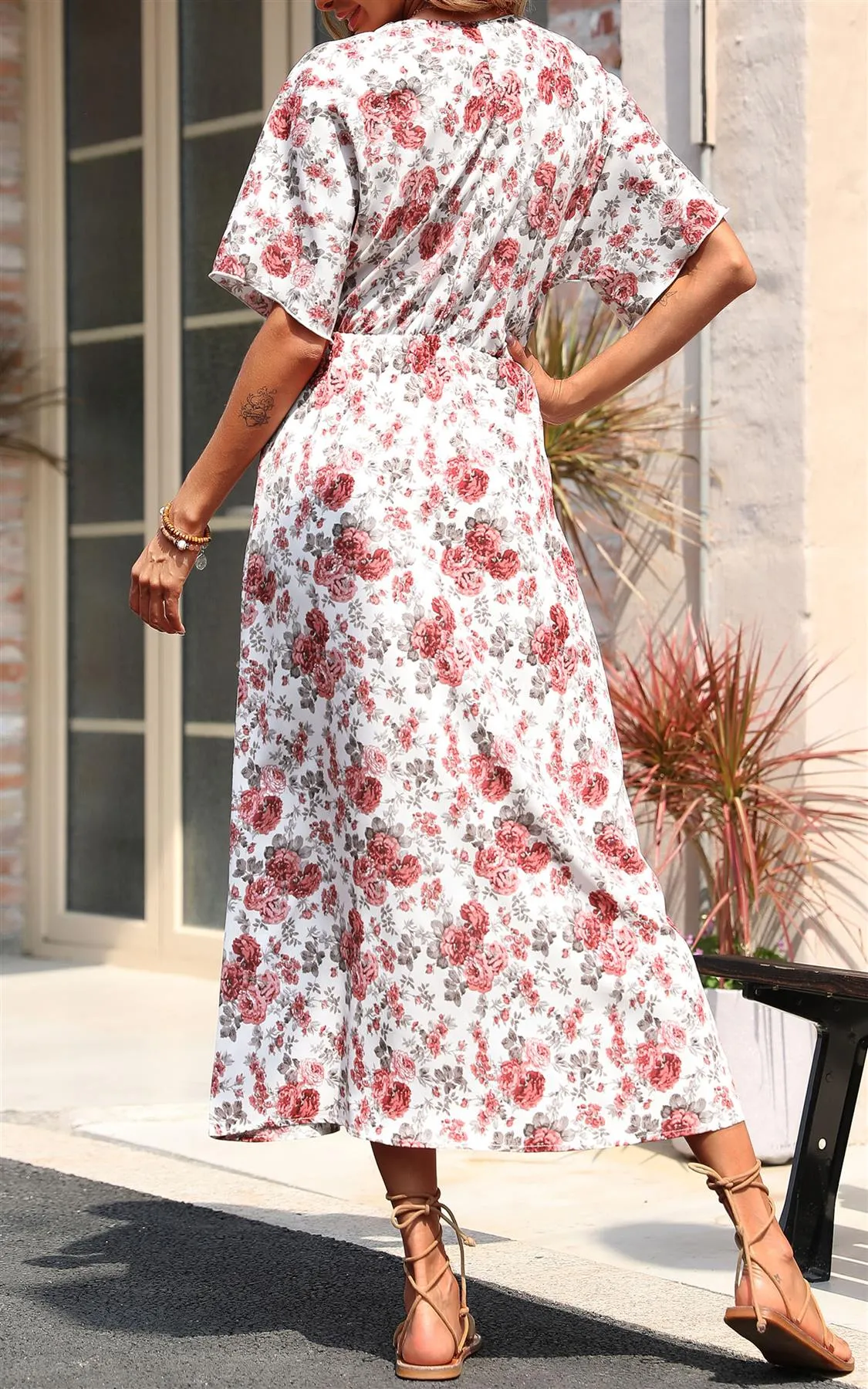 Button Down V Neck Maxi Dress In White Floral Print