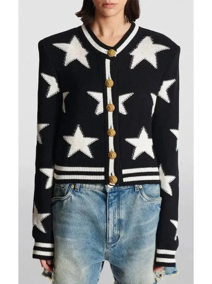 Buttoned Jacquard Star Knit Cardigan Sweater