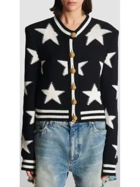 Buttoned Jacquard Star Knit Cardigan Sweater