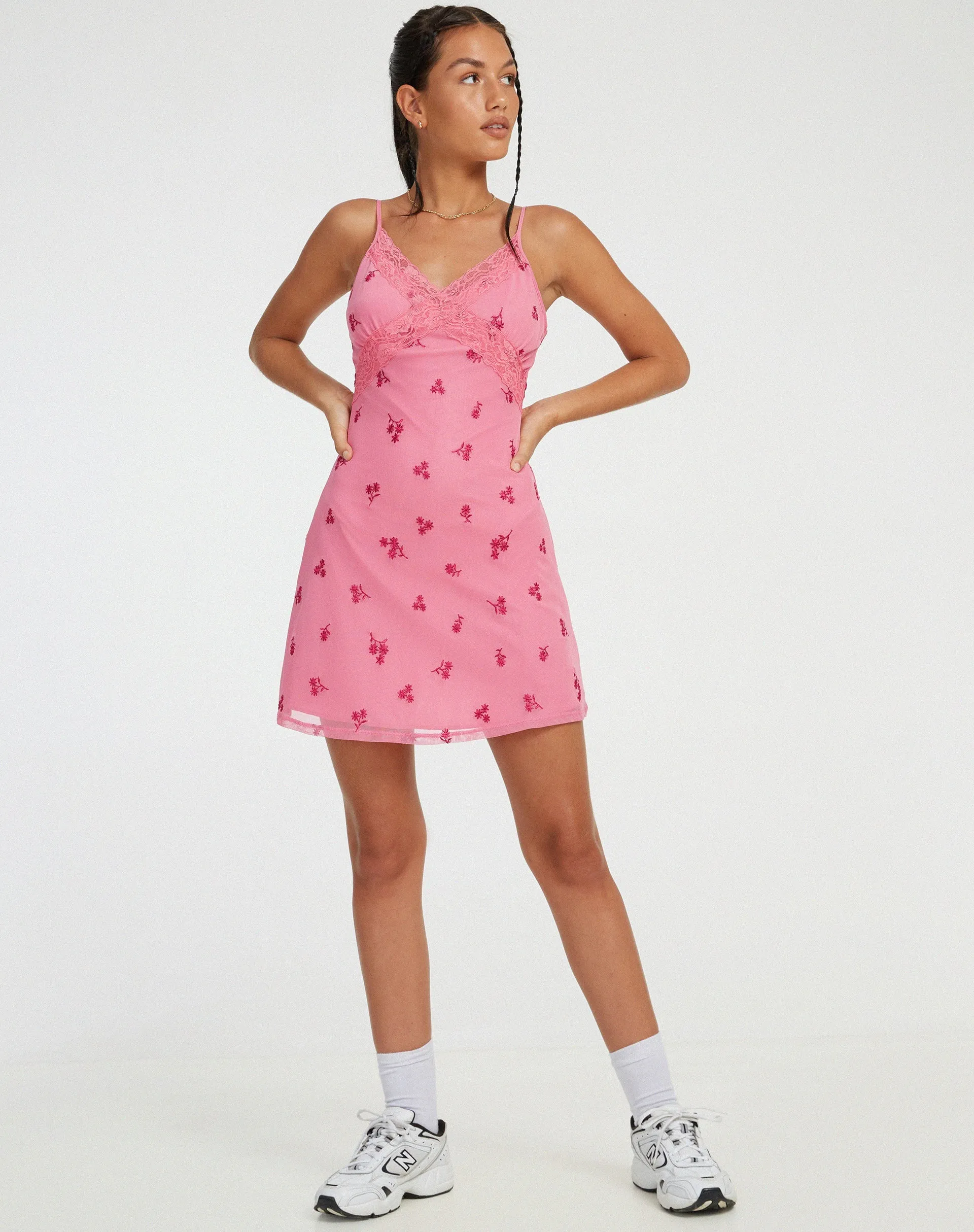 Coline Mini Dress in Pink Ditsy Daisy Embro