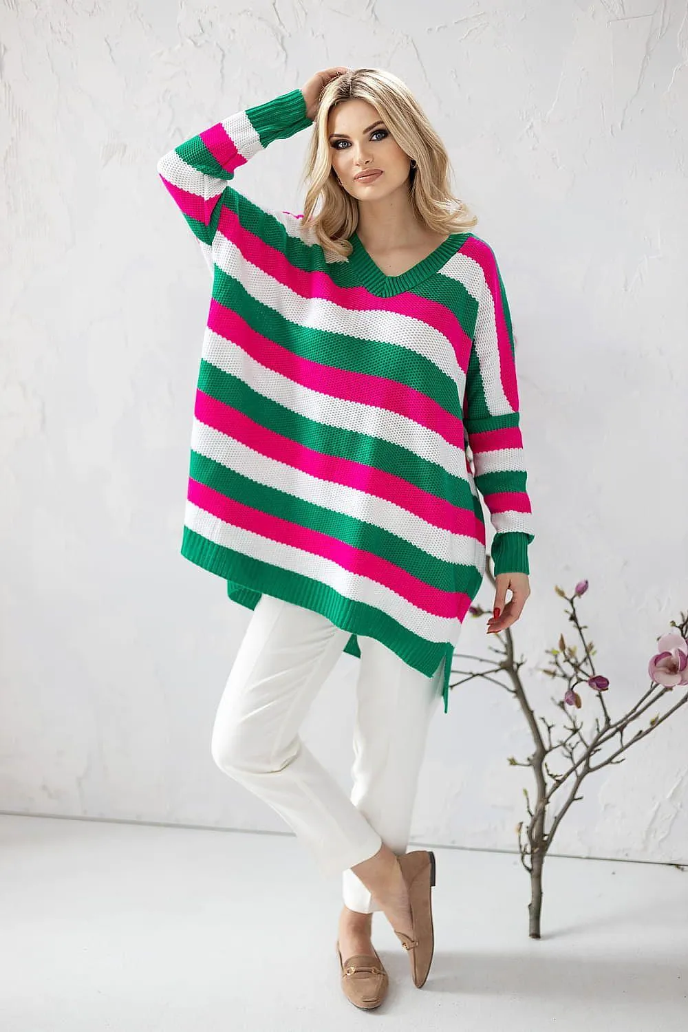 Colorful Heart-Embellished Striped Knit Sweater