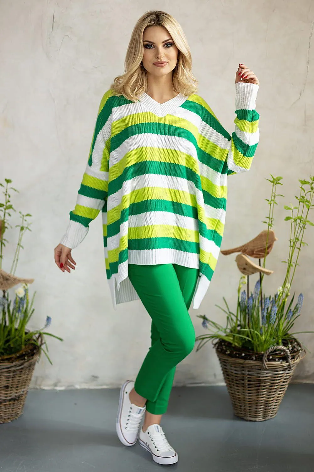 Colorful Heart-Embellished Striped Knit Sweater