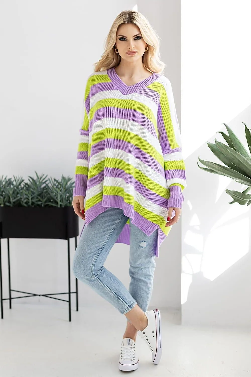 Colorful Heart-Embellished Striped Knit Sweater