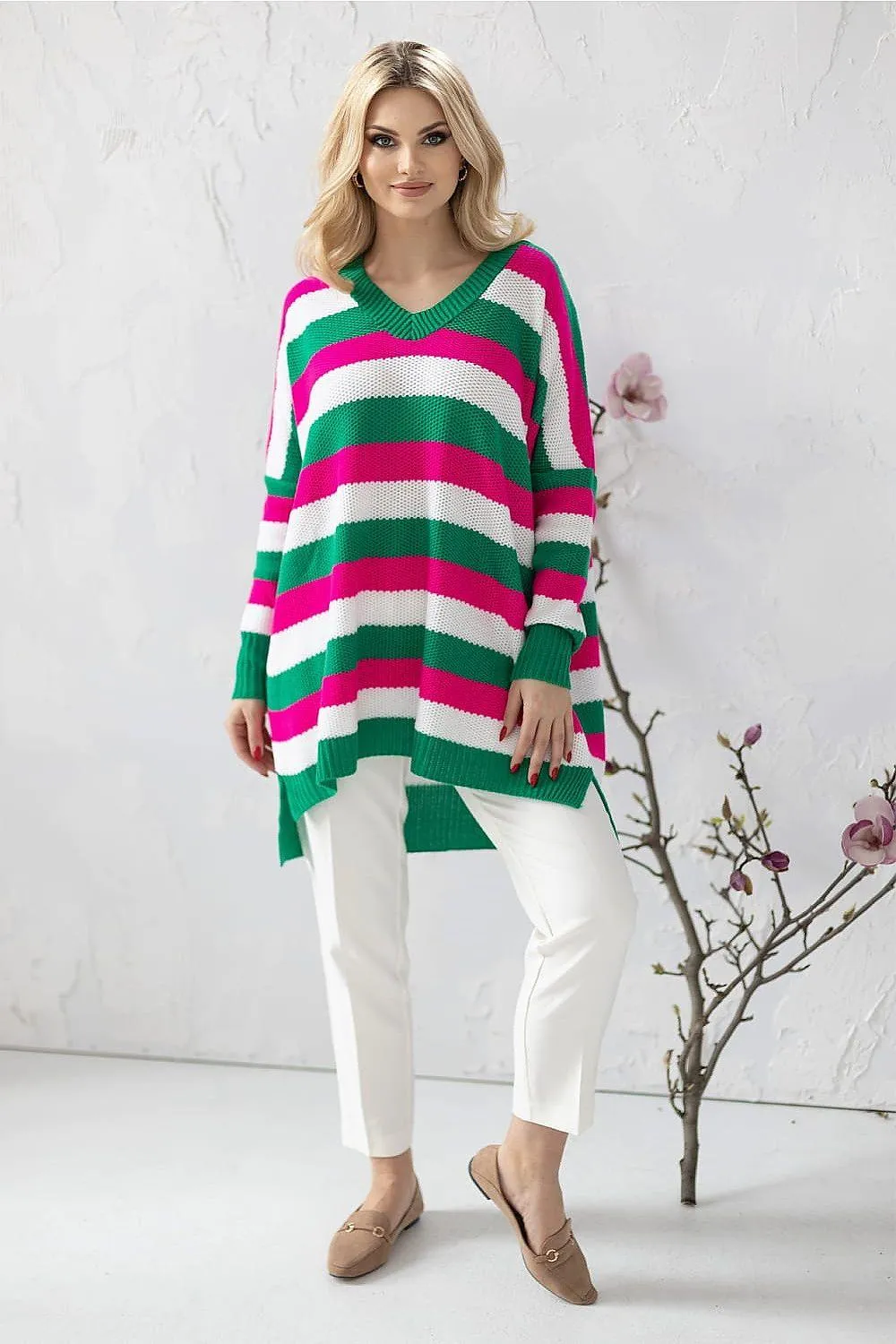 Colorful Heart-Embellished Striped Knit Sweater