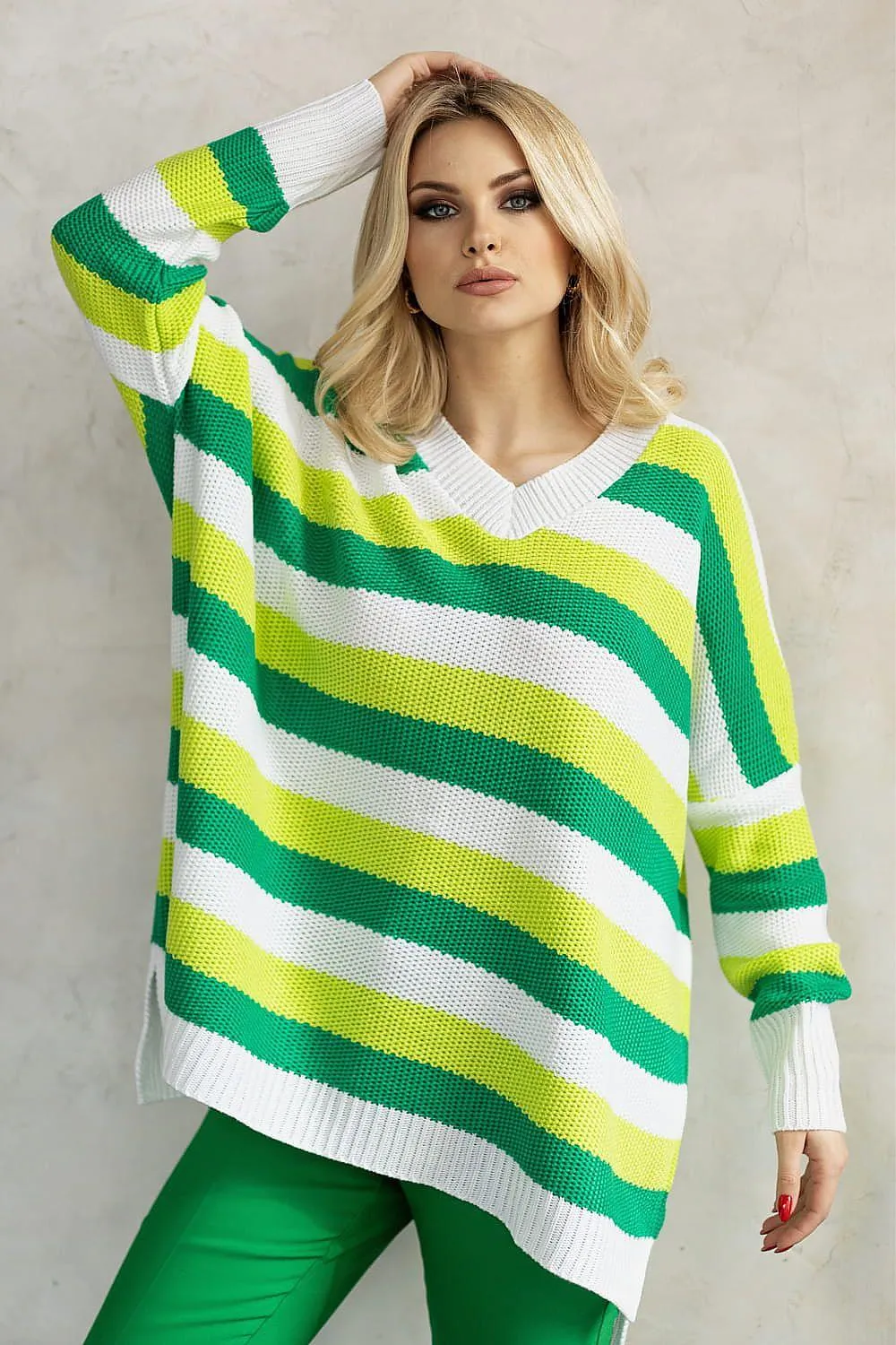 Colorful Heart-Embellished Striped Knit Sweater