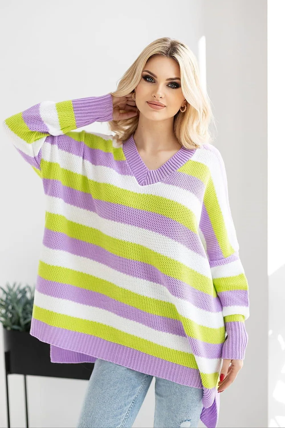 Colorful Heart-Embellished Striped Knit Sweater