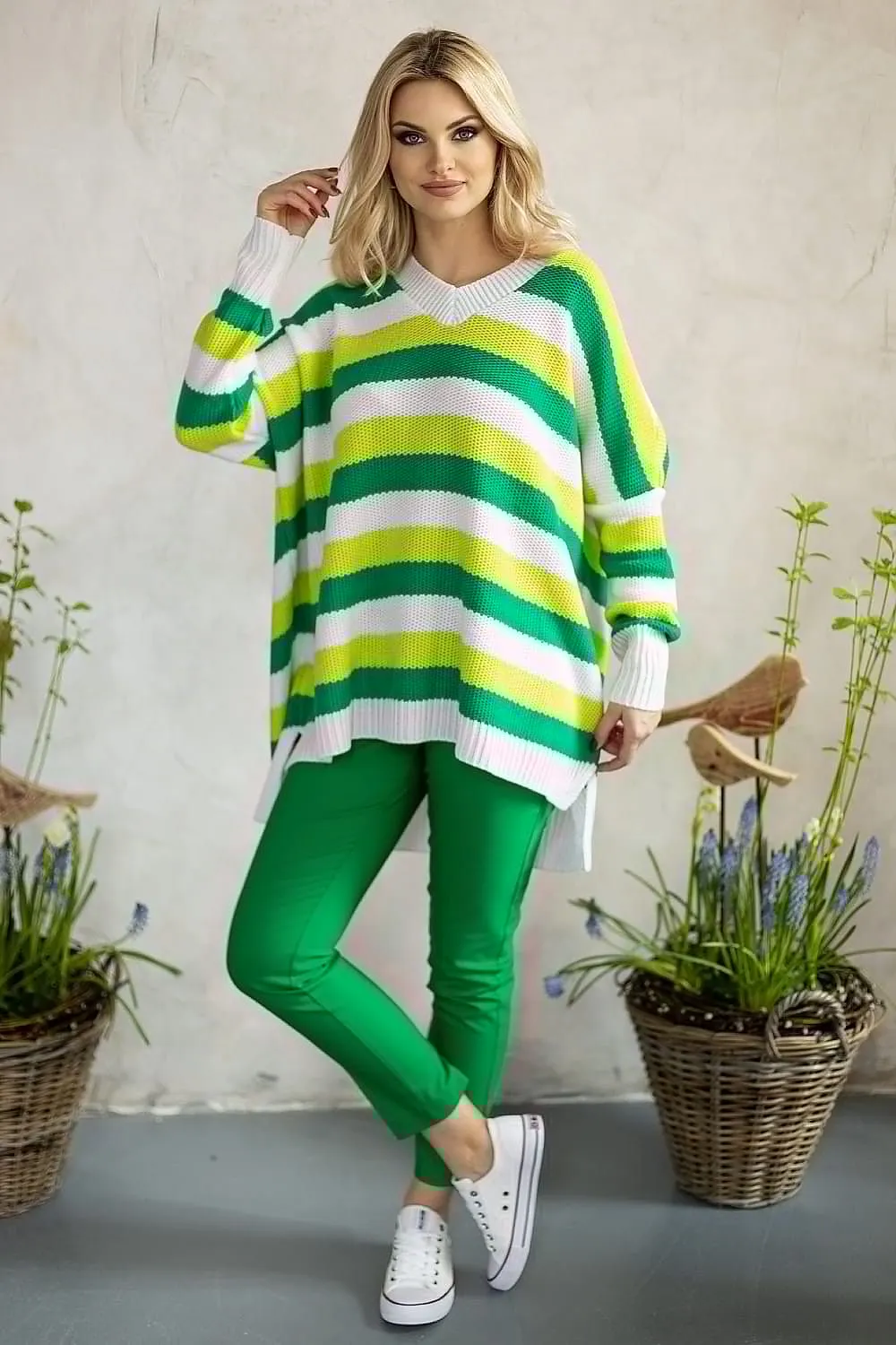 Colorful Heart-Embellished Striped Knit Sweater