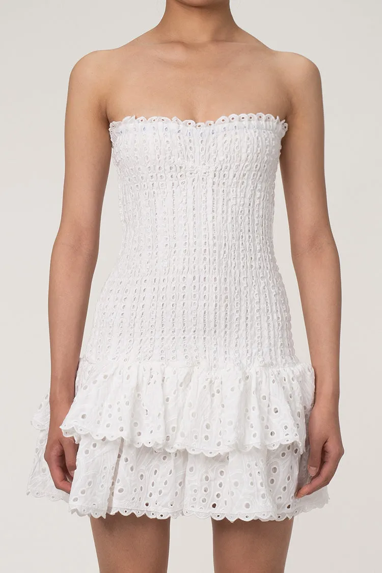 Cute Scalloped Strapless Smocked Broderie Anglaise Tiered Ruffle Mini Dress