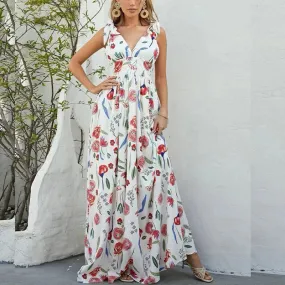 Elegant Floral Butterfly Bow Strap V-neck Sleeveless Dress