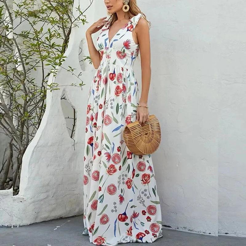 Elegant Floral Butterfly Bow Strap V-neck Sleeveless Dress