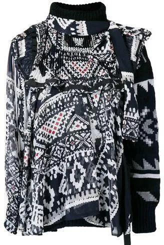 Embroidered Roll-Neck Navajo Print Sweater, Blue