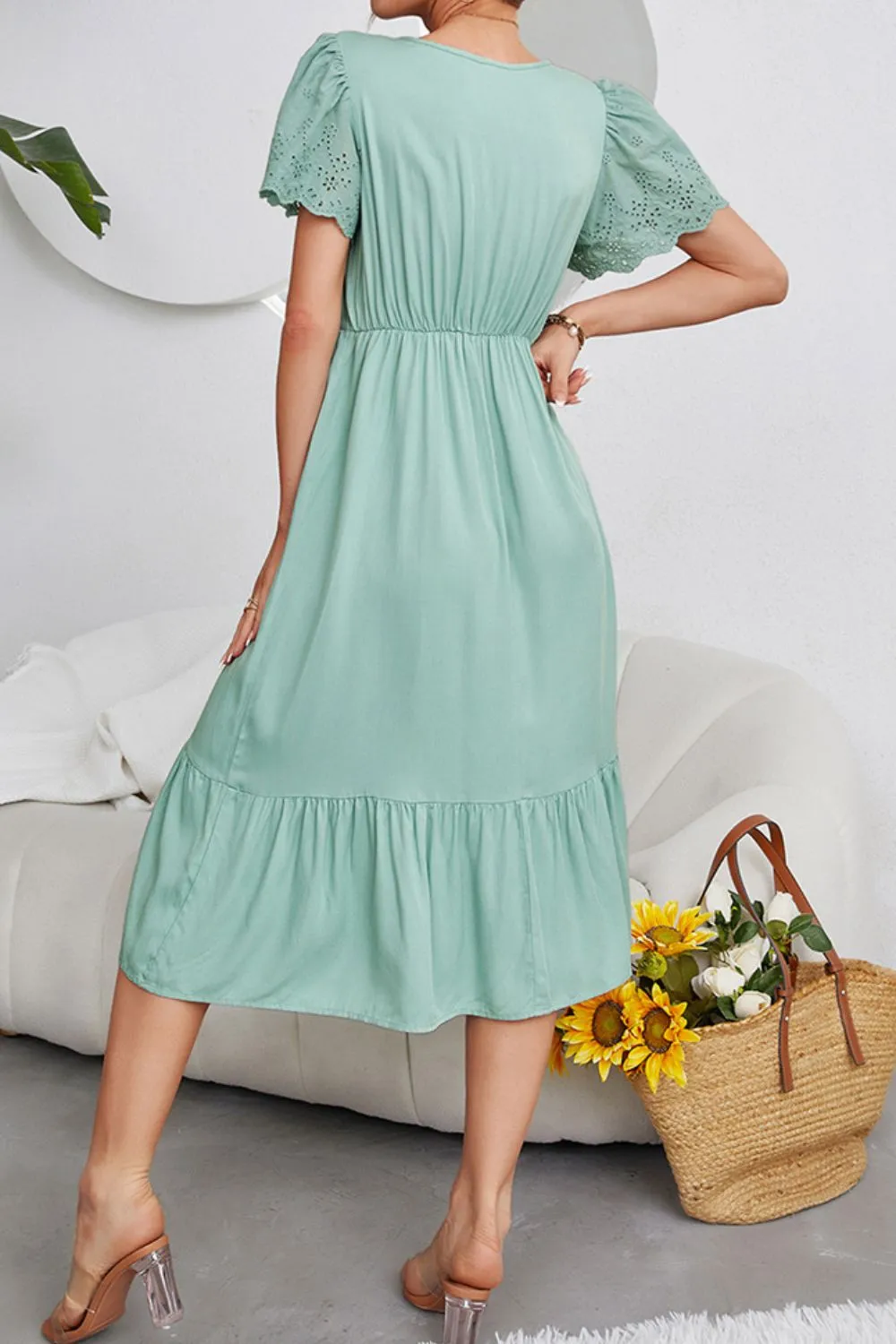 Eyelet Flutter Sleeve Ruffle Hem Dress