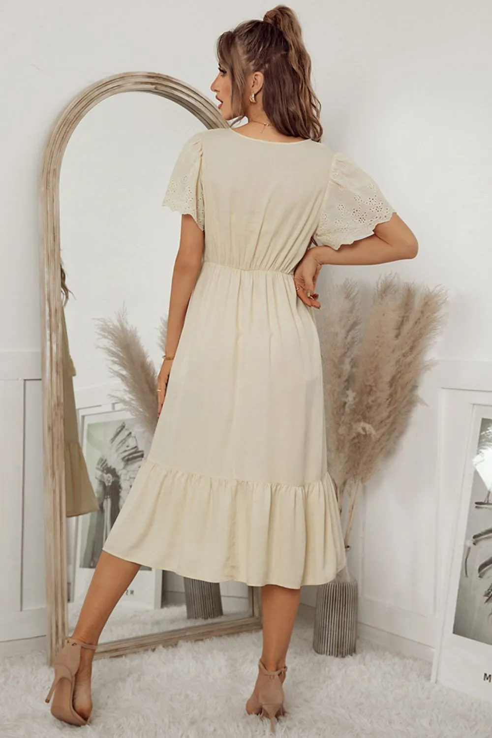 Eyelet Flutter Sleeve Ruffle Hem Dress