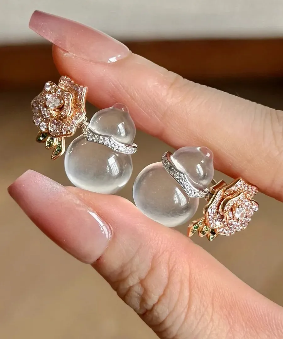 Fashion Nude Alloy Zircon Chalcedony Gourd Floral Stud Earrings II054