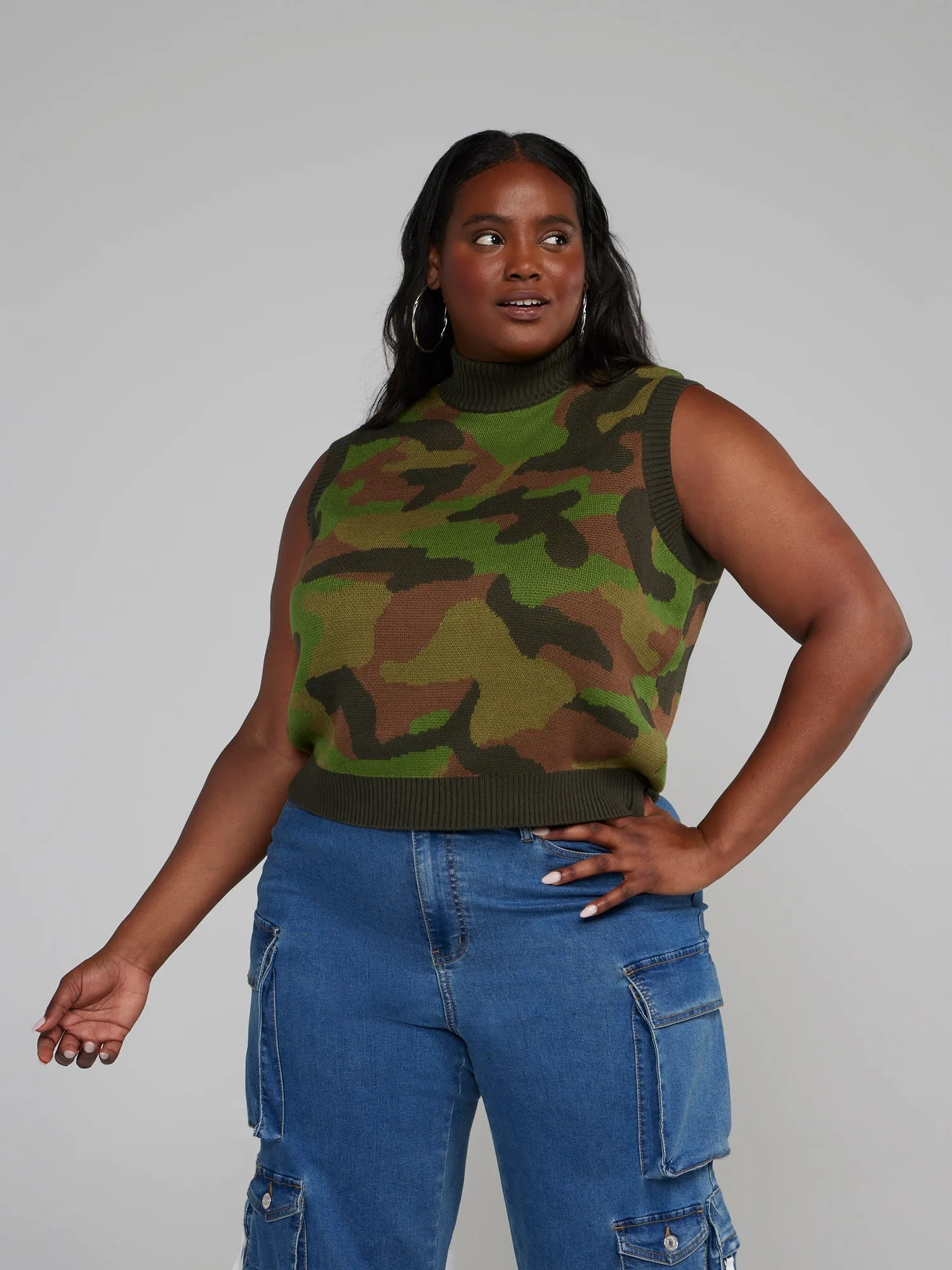 Fashion To Figure - Camo Print Sleeveless Sweater