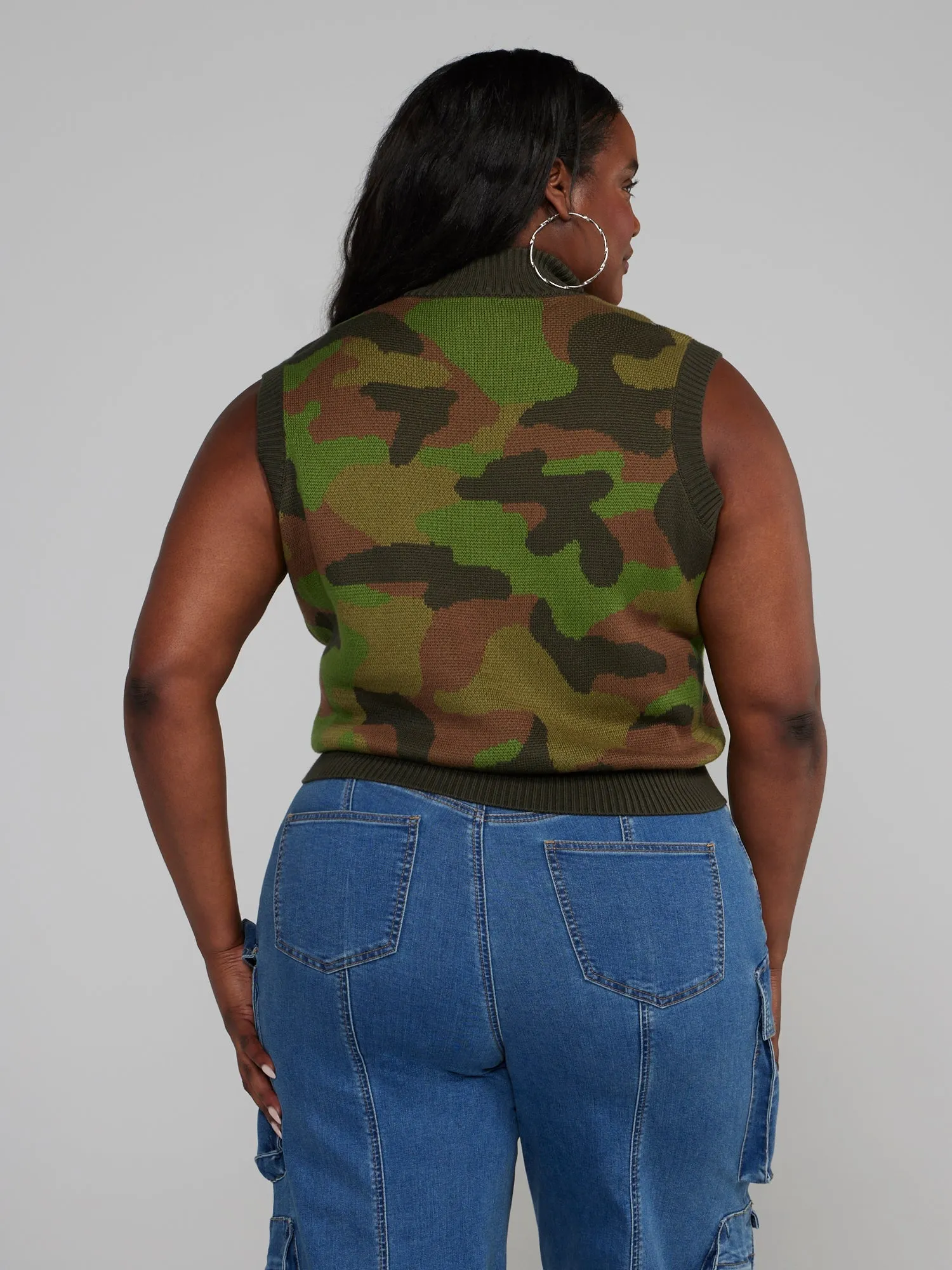 Fashion To Figure - Camo Print Sleeveless Sweater