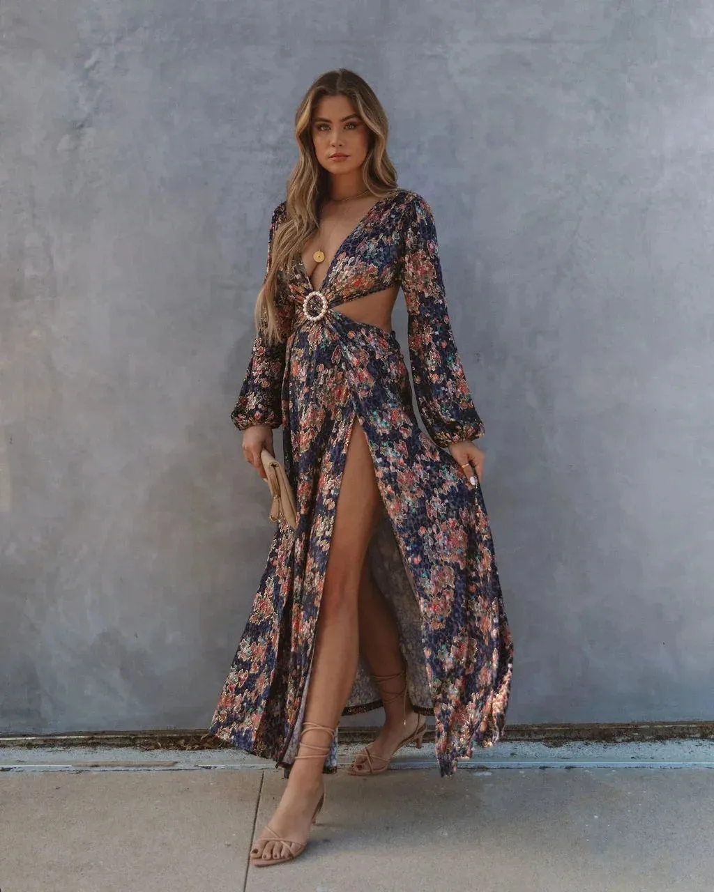 FashionSierra-Long Sleeve  Loose  Women  Vintage  Floral Print  Summer  2024  Beach Wear  High Waist  Backless  Vestidos  Boho Dress