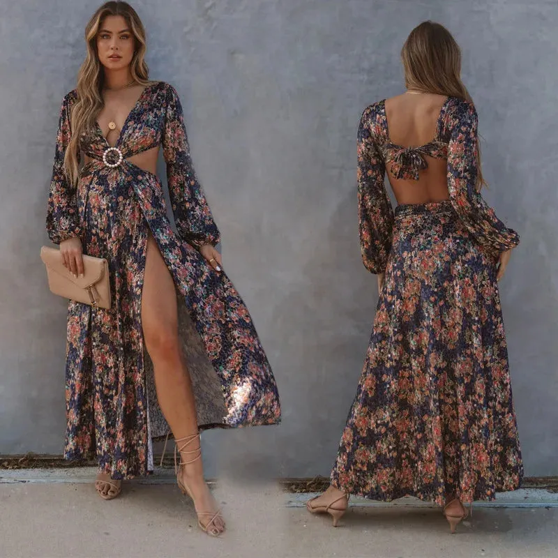 FashionSierra-Long Sleeve  Loose  Women  Vintage  Floral Print  Summer  2024  Beach Wear  High Waist  Backless  Vestidos  Boho Dress