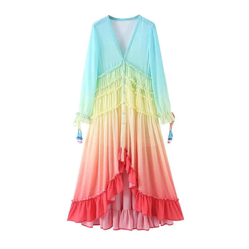 FashionSierra-Rainbow Irregular Chiffon Women Vintage Deep V-neck Long Sleeve Tiered Ruffle Autumn Beach Vestidos Boho Dress