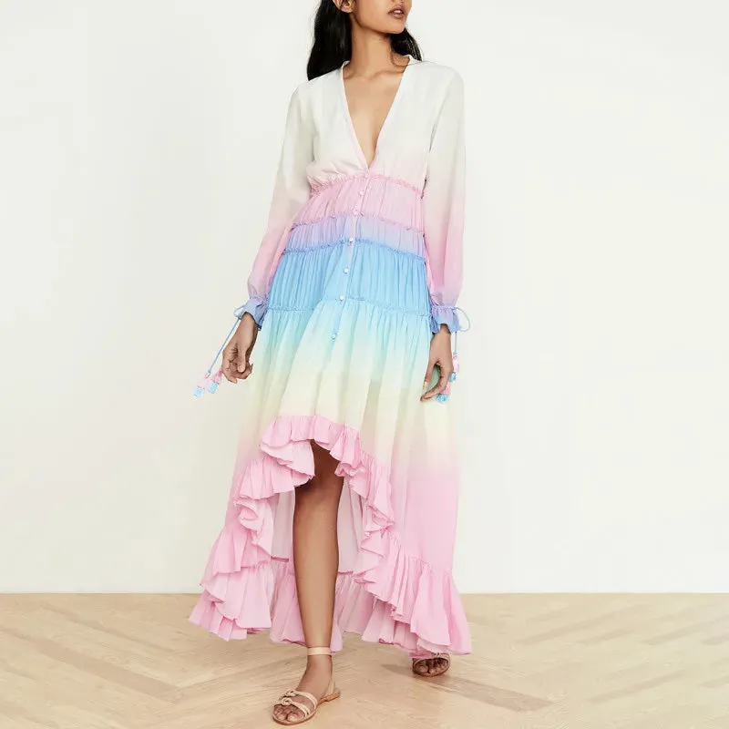 FashionSierra-Rainbow Irregular Chiffon Women Vintage Deep V-neck Long Sleeve Tiered Ruffle Autumn Beach Vestidos Boho Dress