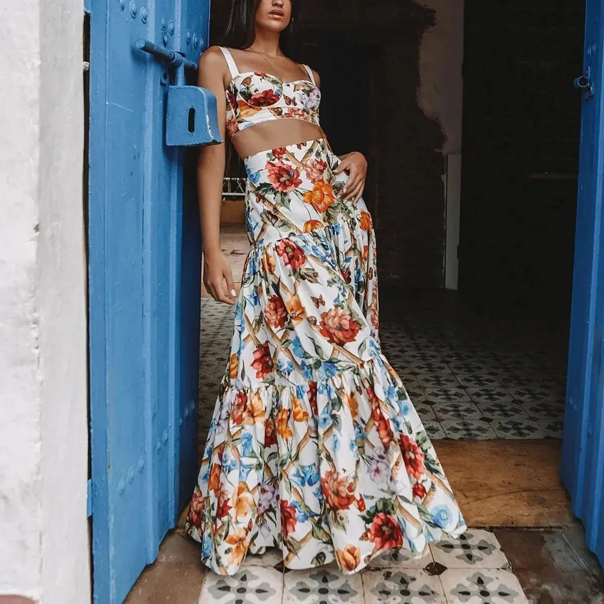 FashionSierra-Sleeveless Maxi  Women  2 Piece Set  Vintage Floral Print  Bohemian  Summer  Vestidos  Beach  Robe  2024  3XL Boho Dress