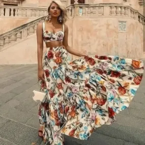 FashionSierra-Sleeveless Maxi  Women  2 Piece Set  Vintage Floral Print  Bohemian  Summer  Vestidos  Beach  Robe  2024  3XL Boho Dress