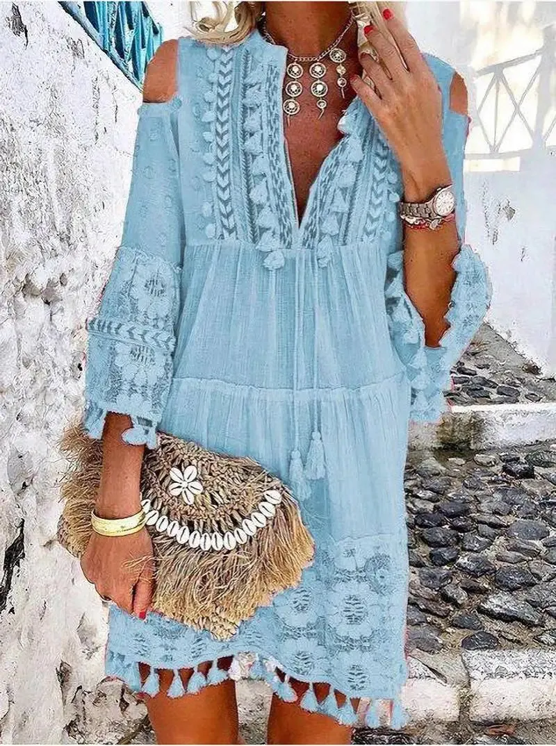 FashionSierra-Vintage  Long Sleeve  Mini  Women  Beach Wear  Deep V  Tassel  Summer  2024  Floral Embroidery  Lace  Vestidos Boho Dress