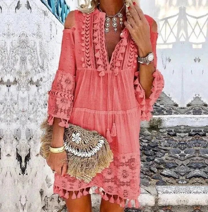 FashionSierra-Vintage  Long Sleeve  Mini  Women  Beach Wear  Deep V  Tassel  Summer  2024  Floral Embroidery  Lace  Vestidos Boho Dress