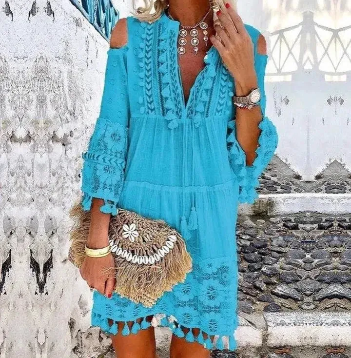 FashionSierra-Vintage  Long Sleeve  Mini  Women  Beach Wear  Deep V  Tassel  Summer  2024  Floral Embroidery  Lace  Vestidos Boho Dress