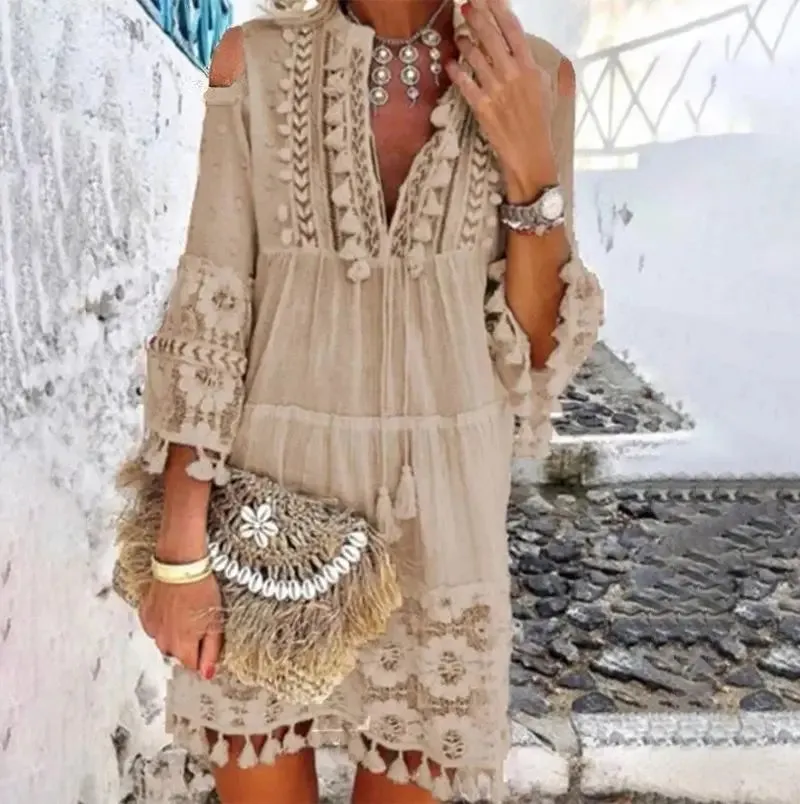 FashionSierra-Vintage  Long Sleeve  Mini  Women  Beach Wear  Deep V  Tassel  Summer  2024  Floral Embroidery  Lace  Vestidos Boho Dress