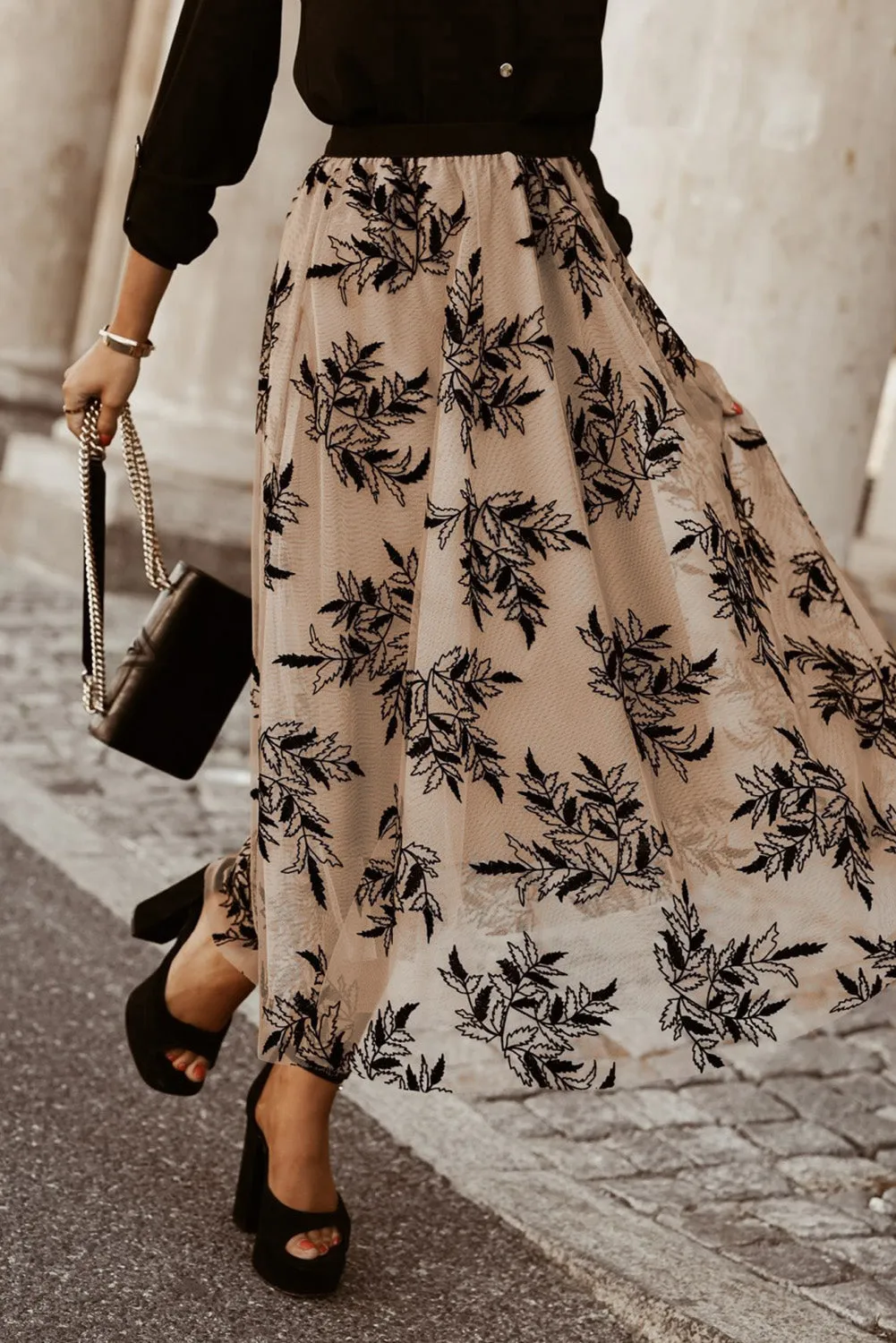 Floral Leaves High Waist Maxi Skirt