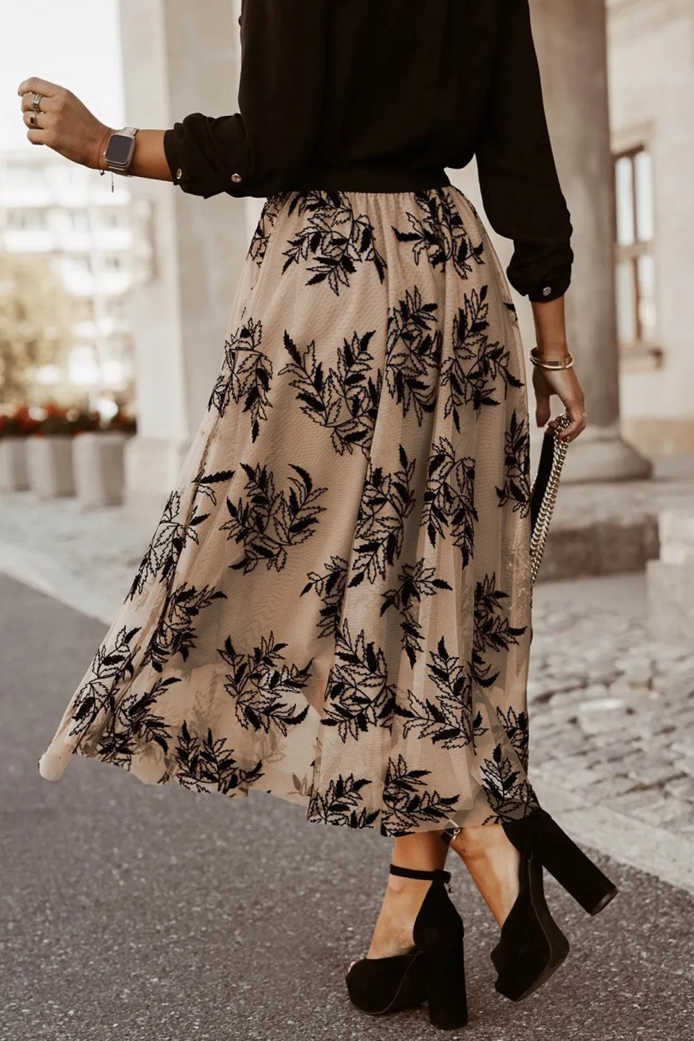 Floral Leaves High Waist Maxi Skirt